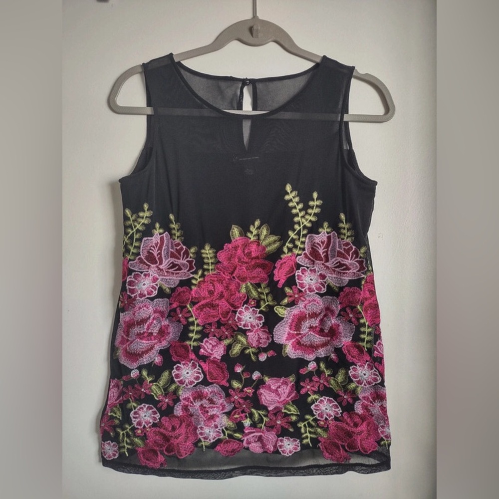 Floral Embroidered Black and Pink Women's Top
